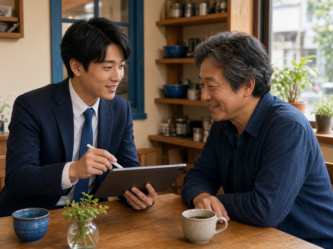 地域の店舗オーナーとタブレットを見ながら打ち合わせをする様子